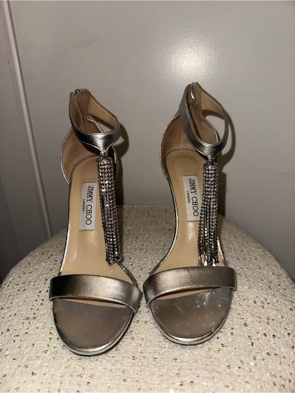Jimmy Choo Silver Viola Metallic T-Strap Evening Sandals Size 38